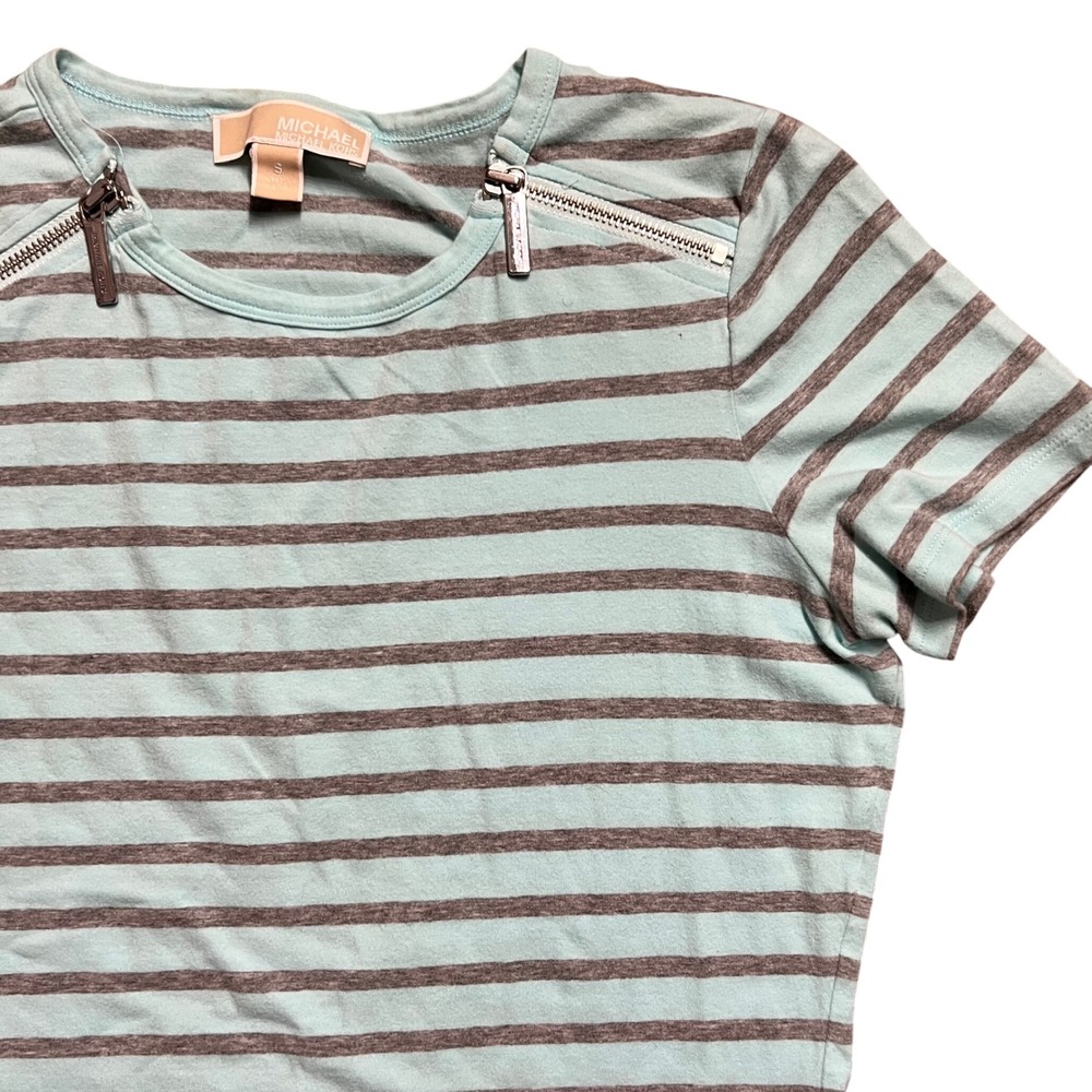 Michael‎ Kors Striped Tee Top Zipper Detail Aqua Gray Womens Small